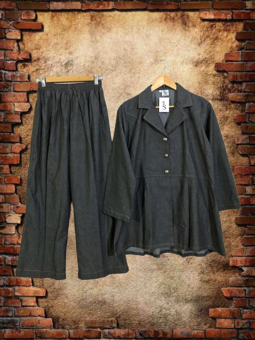 WC-0012 Women’s two piece denim front open coat with pant suit - Image 3