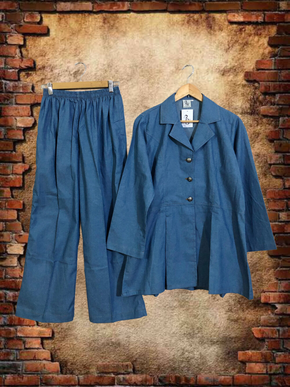 WC-0012 Women’s two piece denim front open coat with pant suit - Image 2