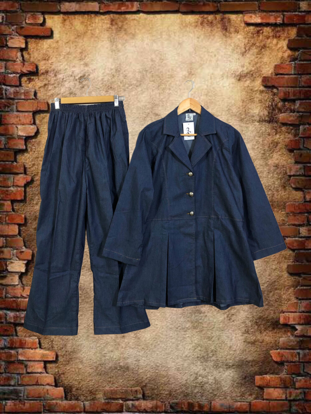 WC-0012 Women’s two piece denim front open coat with pant suit - Image 4