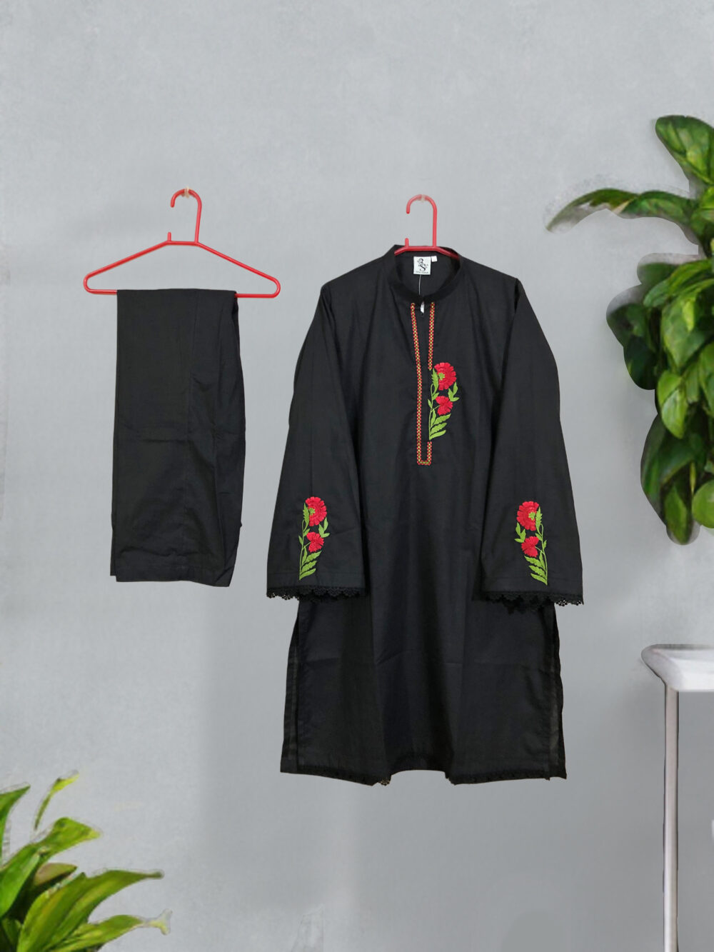 SC-0010 women’s two piece cotton solid front and sleeves embroidered kurti with trouser suit - Image 3