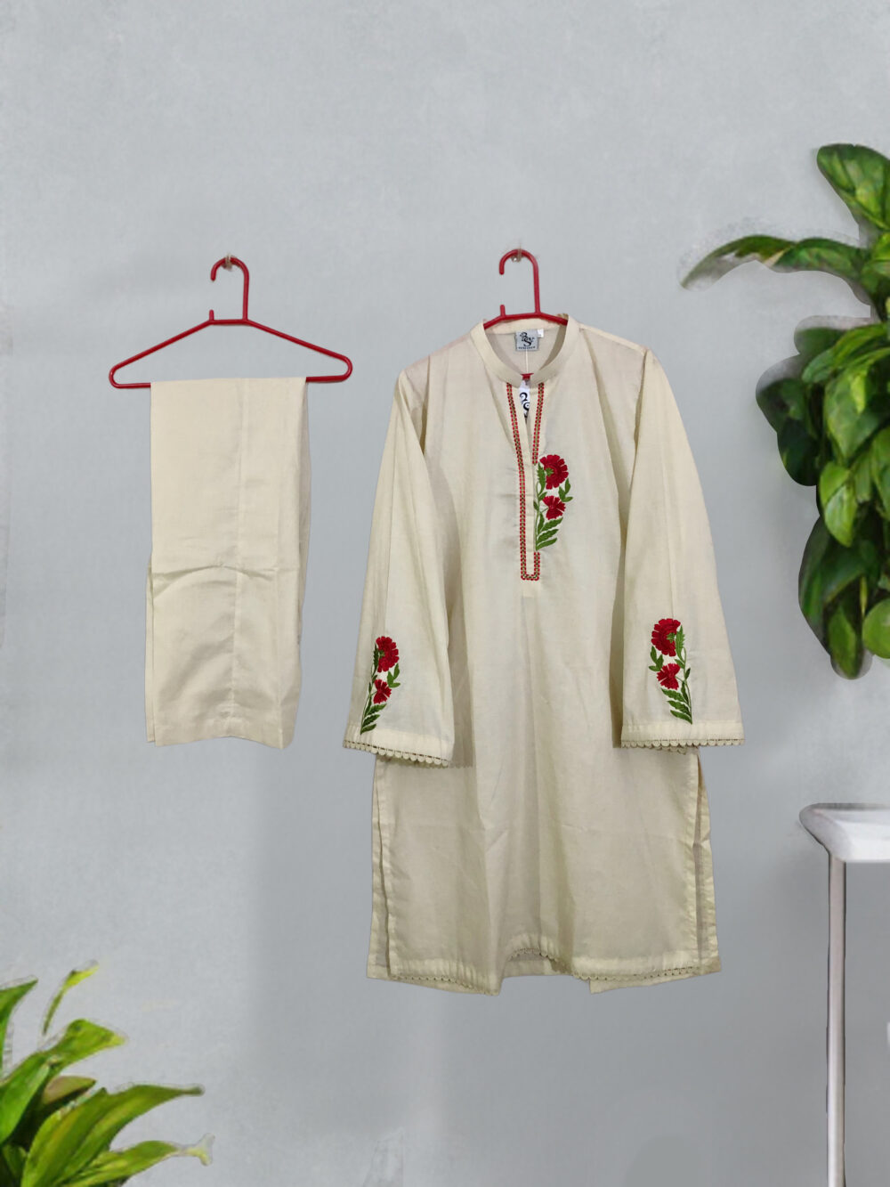 SC-0010 women’s two piece cotton solid front and sleeves embroidered kurti with trouser suit - Image 6