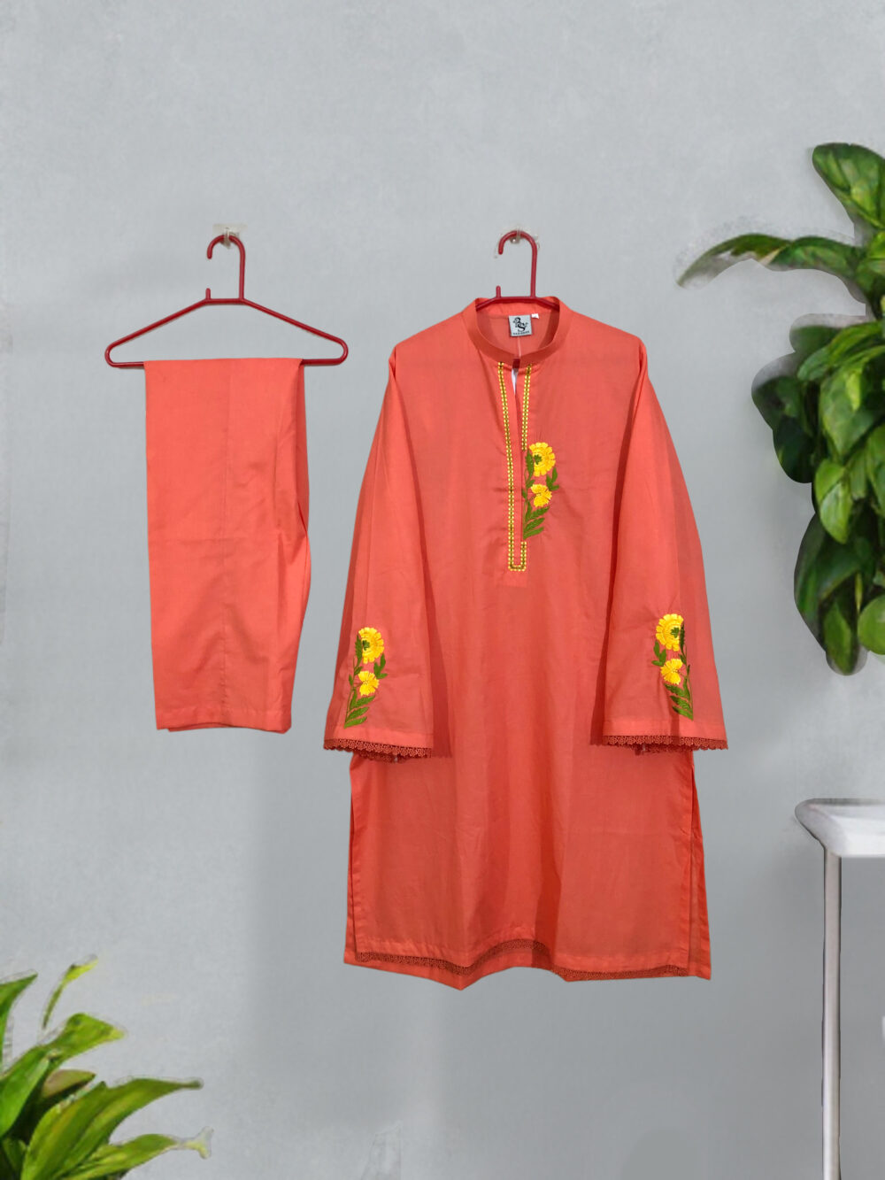 SC-0010 women’s two piece cotton solid front and sleeves embroidered kurti with trouser suit - Image 5