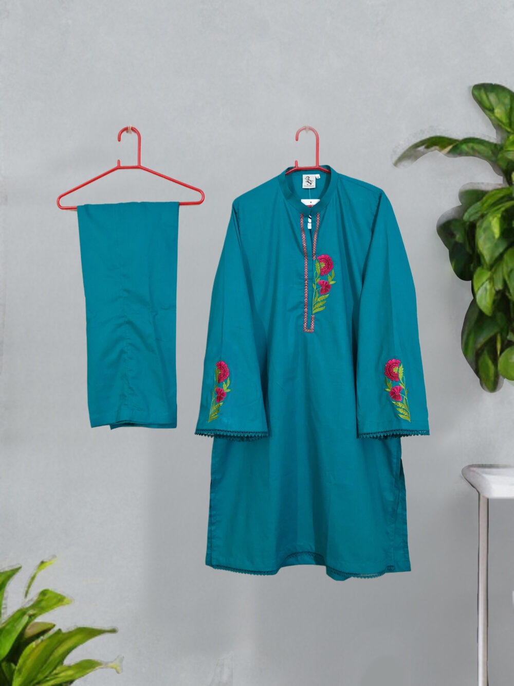SC-0010 women’s two piece cotton solid front and sleeves embroidered kurti with trouser suit - Image 4