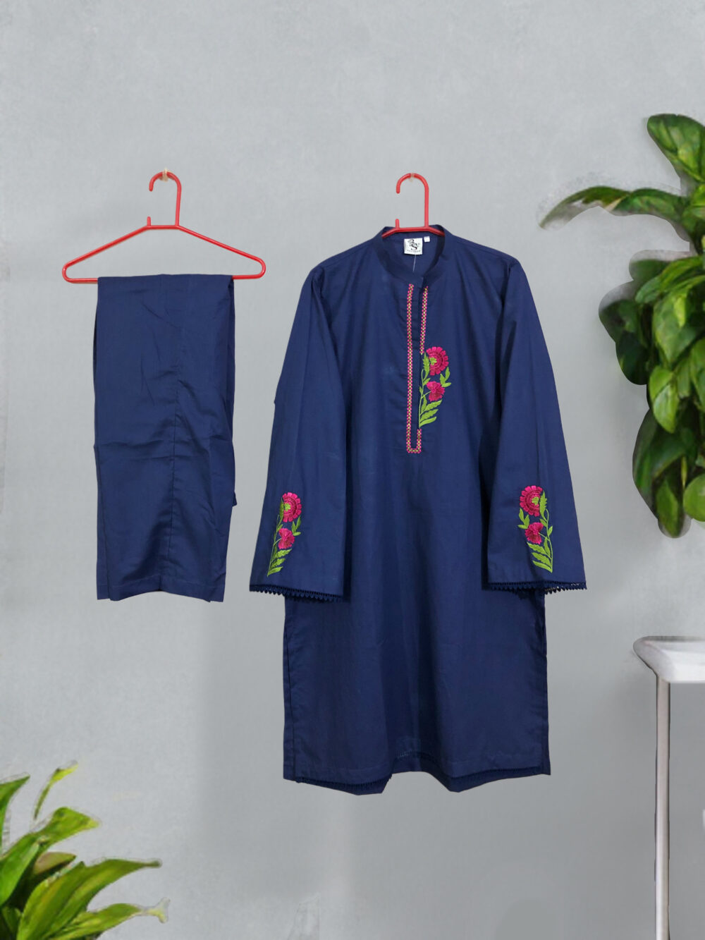 SC-0010 women’s two piece cotton solid front and sleeves embroidered kurti with trouser suit