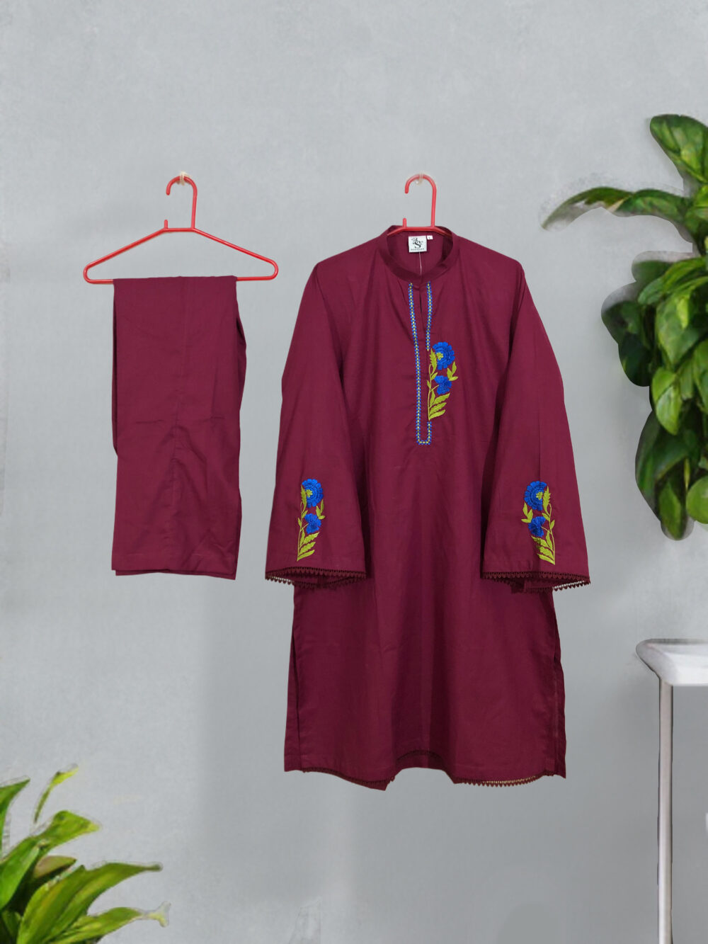 SC-0010 women’s two piece cotton solid front and sleeves embroidered kurti with trouser suit - Image 2