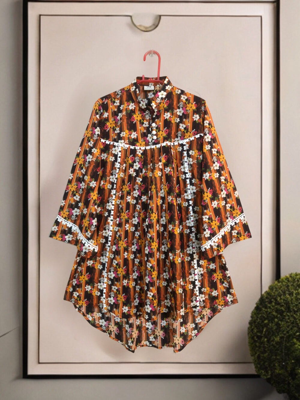 LW-0002 women’s lawn printed front button lace work tale top - Image 5