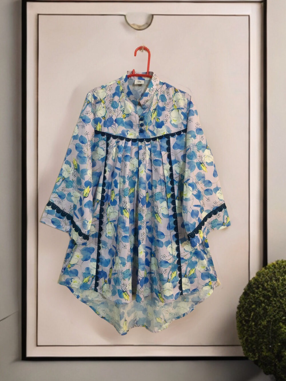 LW-0002 women’s lawn printed front button lace work tale top - Image 3