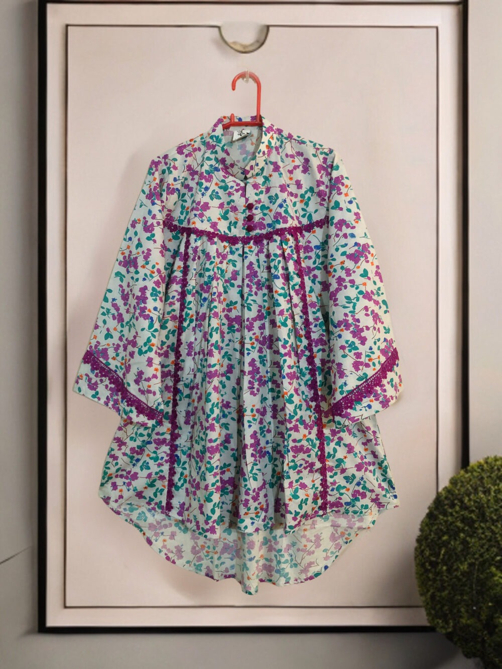LW-0002 women’s lawn printed front button lace work tale top