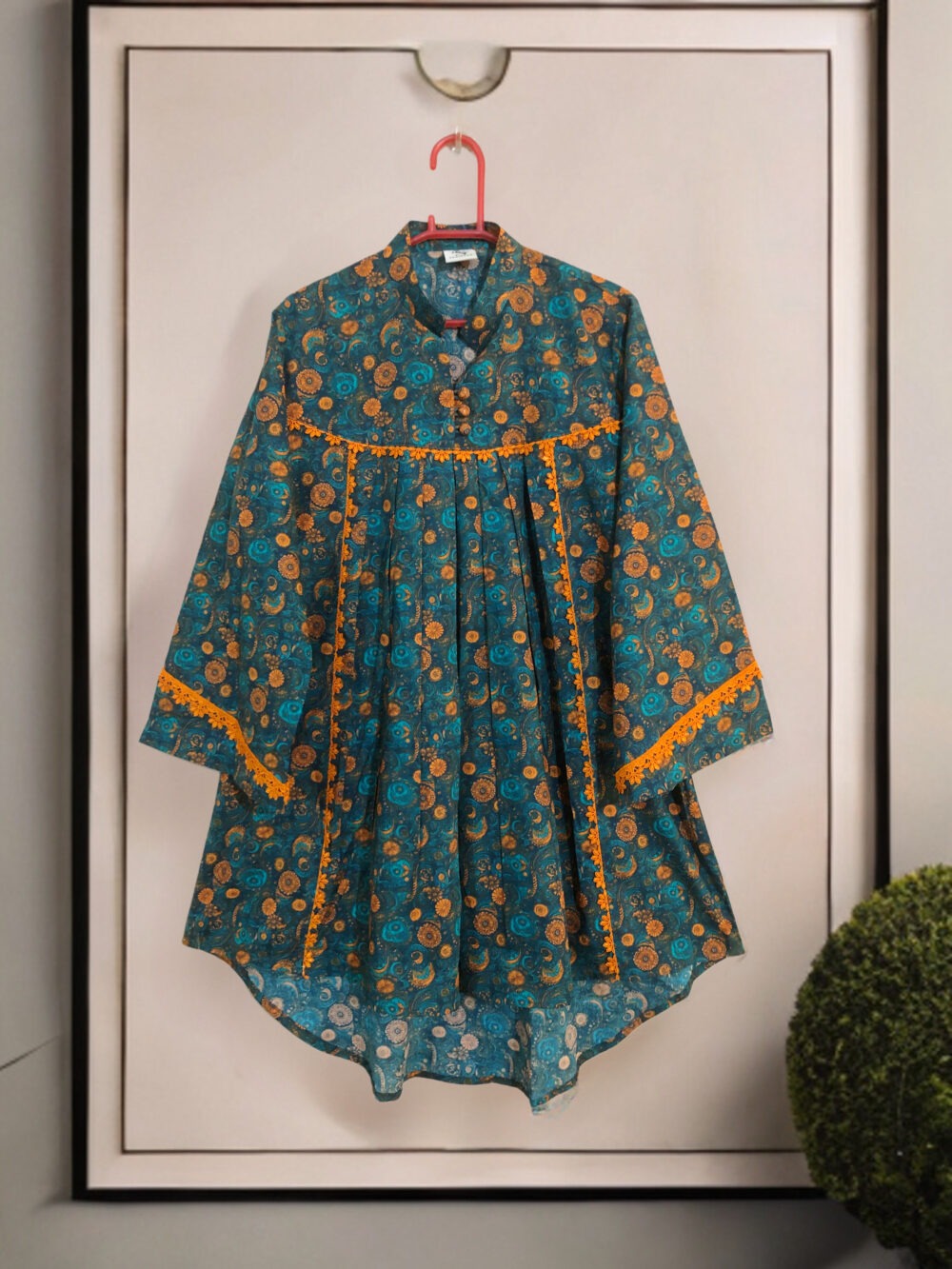 LW-0002 women’s lawn printed front button lace work tale top - Image 2