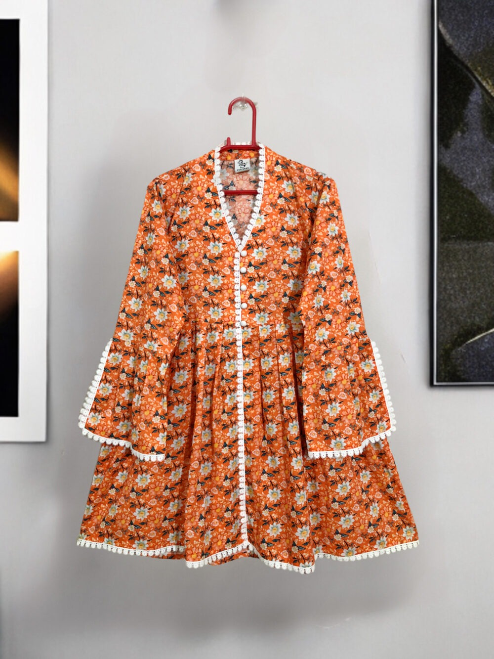 LW-0001 women’s lawn printed front button cut sleeves lace work top - Image 2