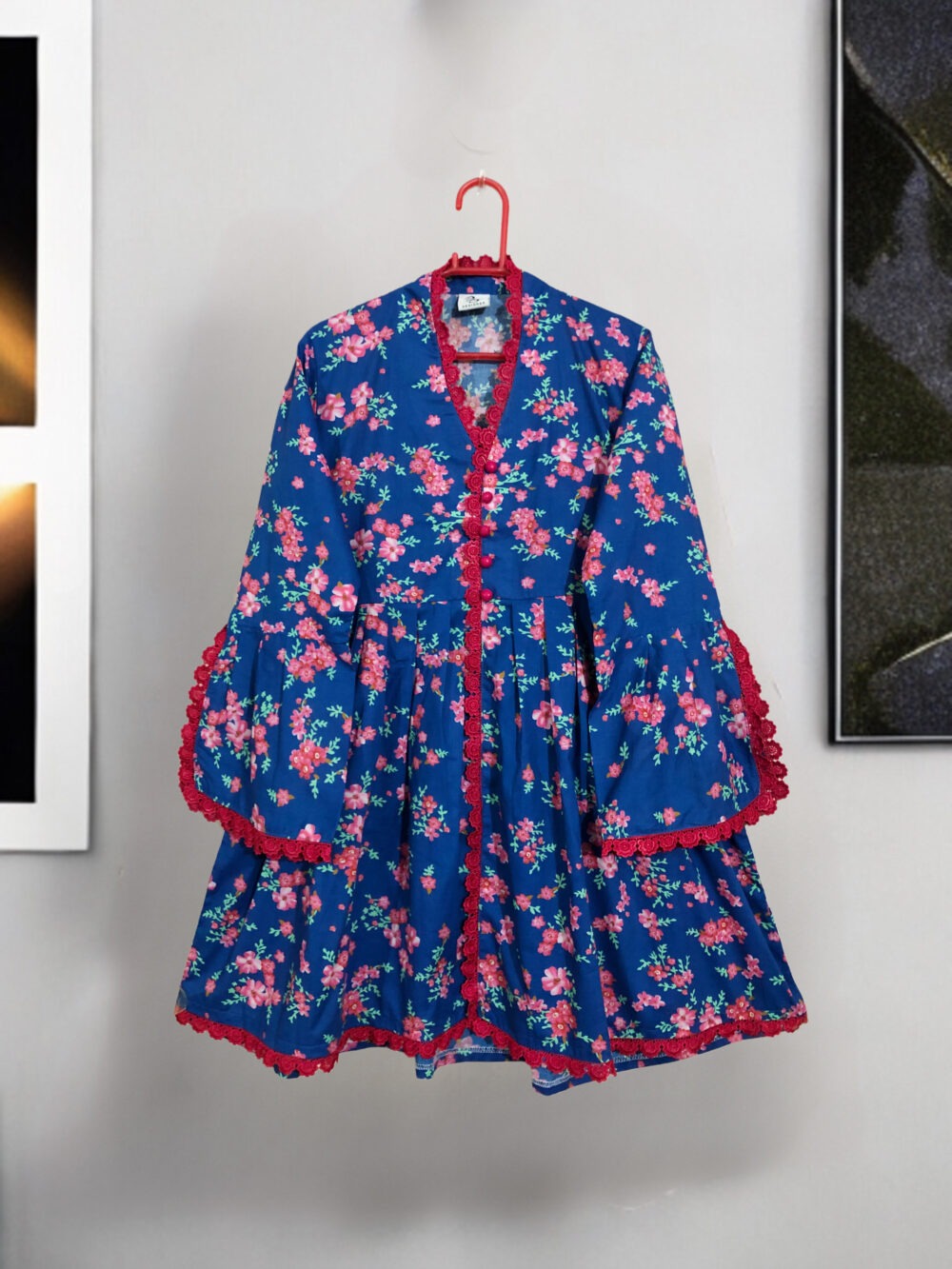 LW-0001 women’s lawn printed front button cut sleeves lace work top - Image 5