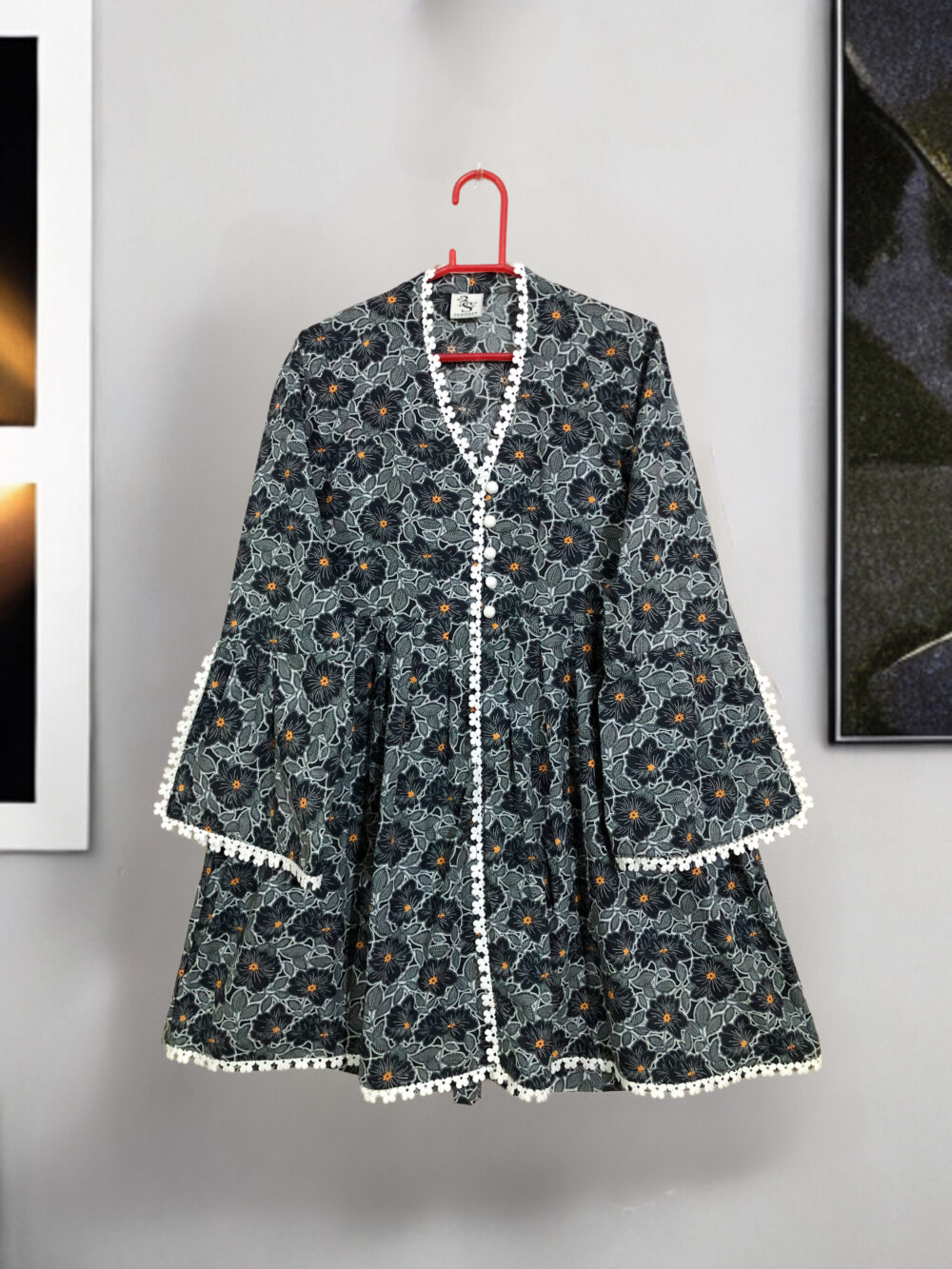 LW-0001 women’s lawn printed front button cut sleeves lace work top