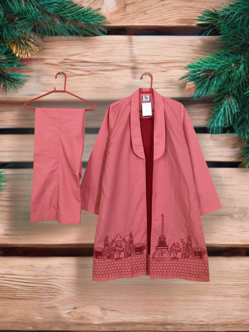 WC-0005 Women’s two piece irish cotton cross stitch embroidered coat with attached inner bell bottom suit - Image 2