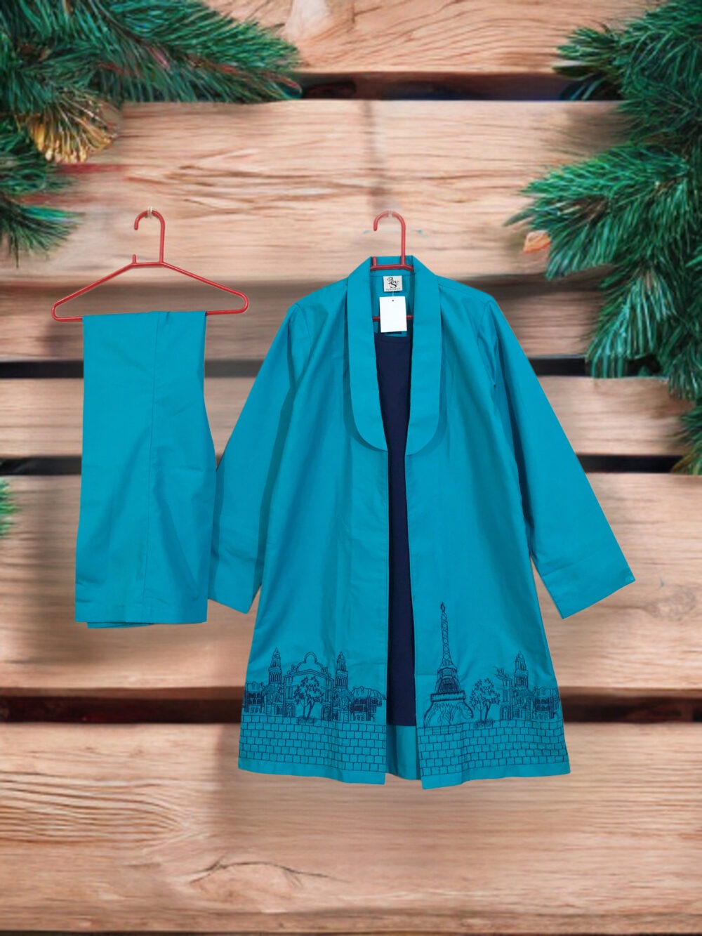 WC-0005 Women’s two piece irish cotton cross stitch embroidered coat with attached inner bell bottom suit