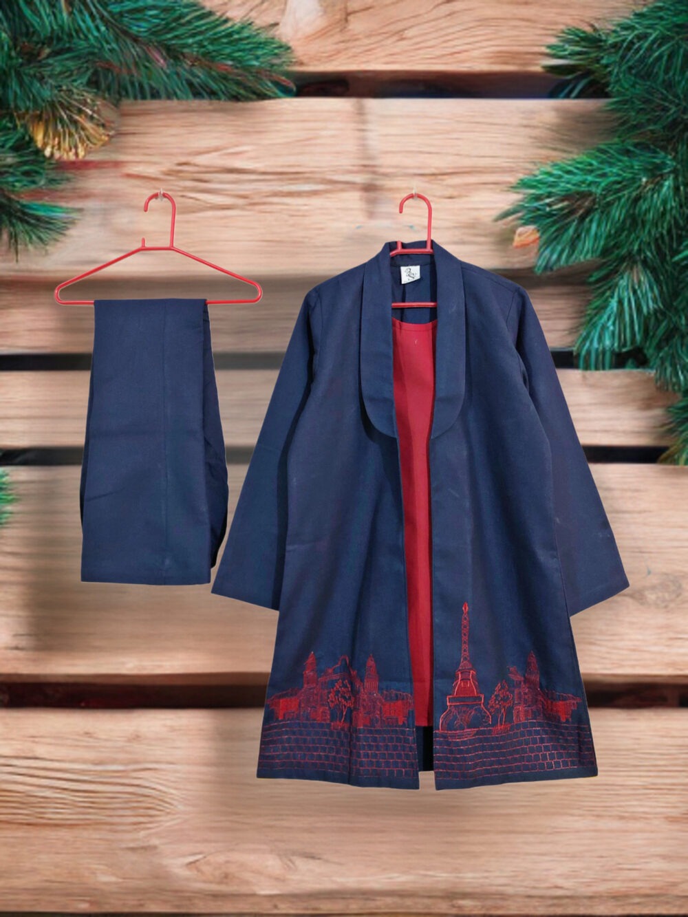 WC-0005 Women’s two piece irish cotton cross stitch embroidered coat with attached inner bell bottom suit - Image 3
