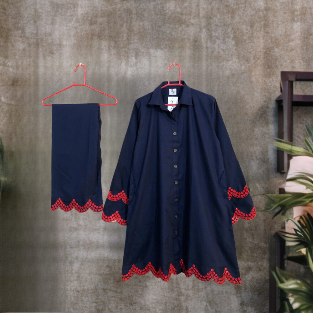 SC-0007 women’s two piece cotton front button embroidered shirt with palazzo suit
