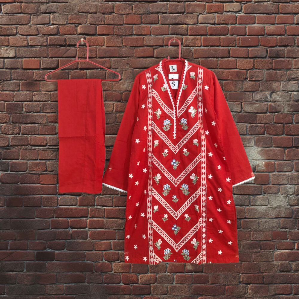 SC-0003 Women’s two piece cotton front embroidered lace work suit - Image 3