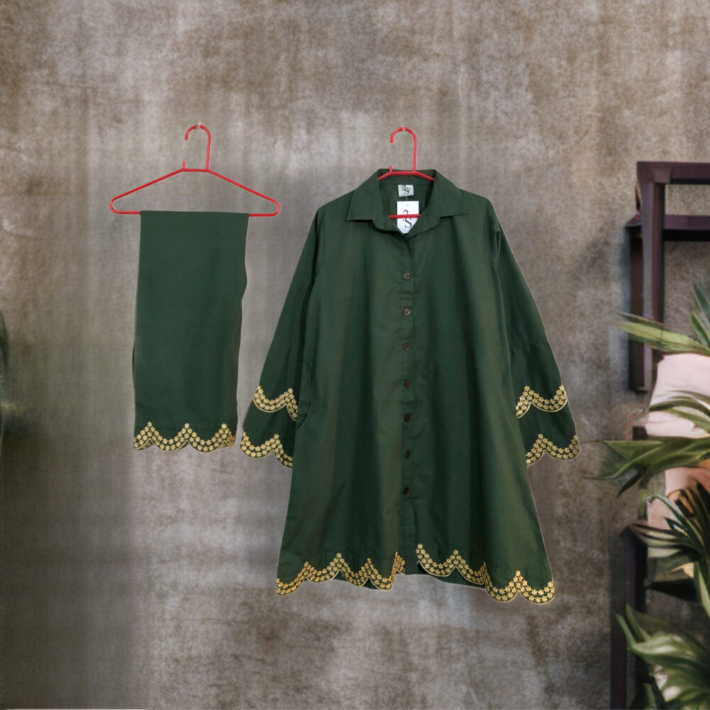SC-0007 women’s two piece cotton front button embroidered shirt with palazzo suit - Image 2