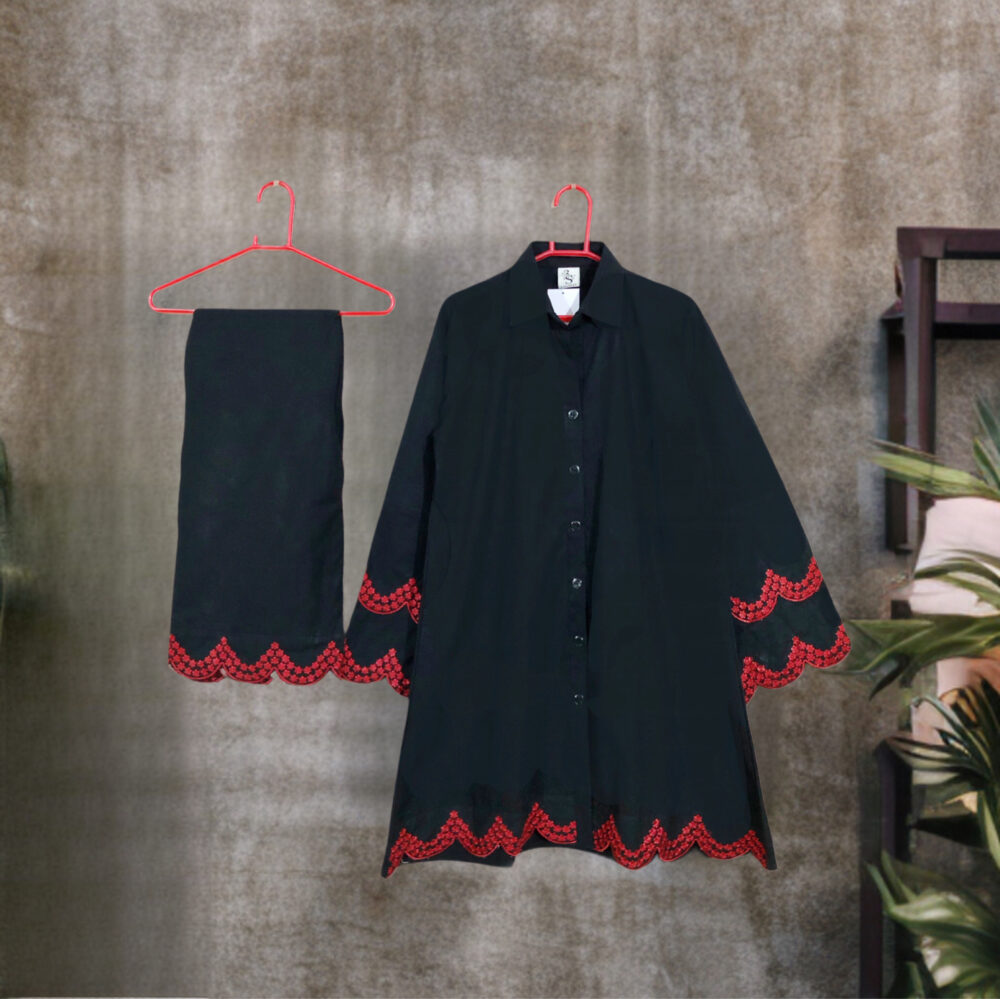 SC-0007 women’s two piece cotton front button embroidered shirt with palazzo suit - Image 3