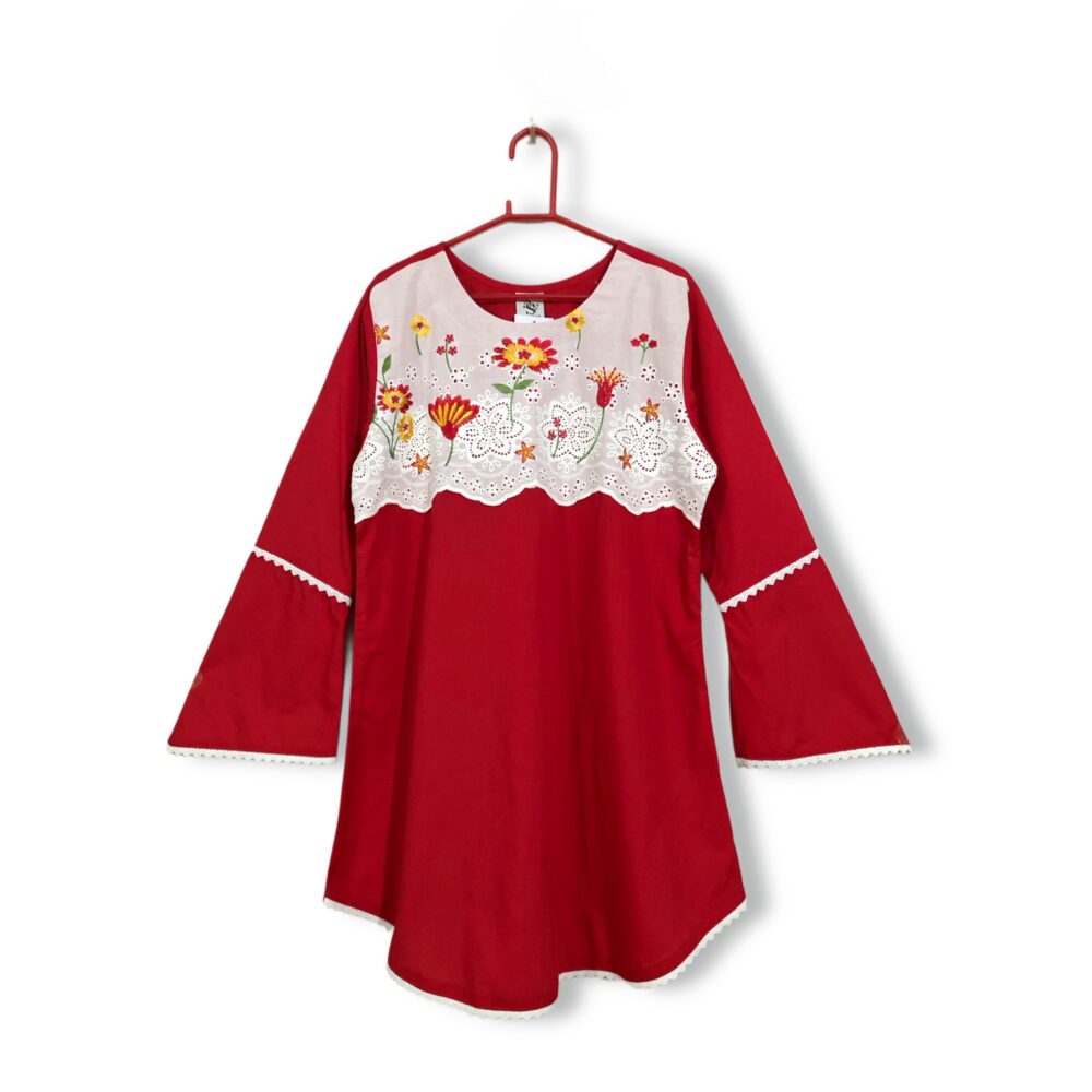 CC-0004 women’s cotton plain front chikan embroidered lace work kurti - Image 4