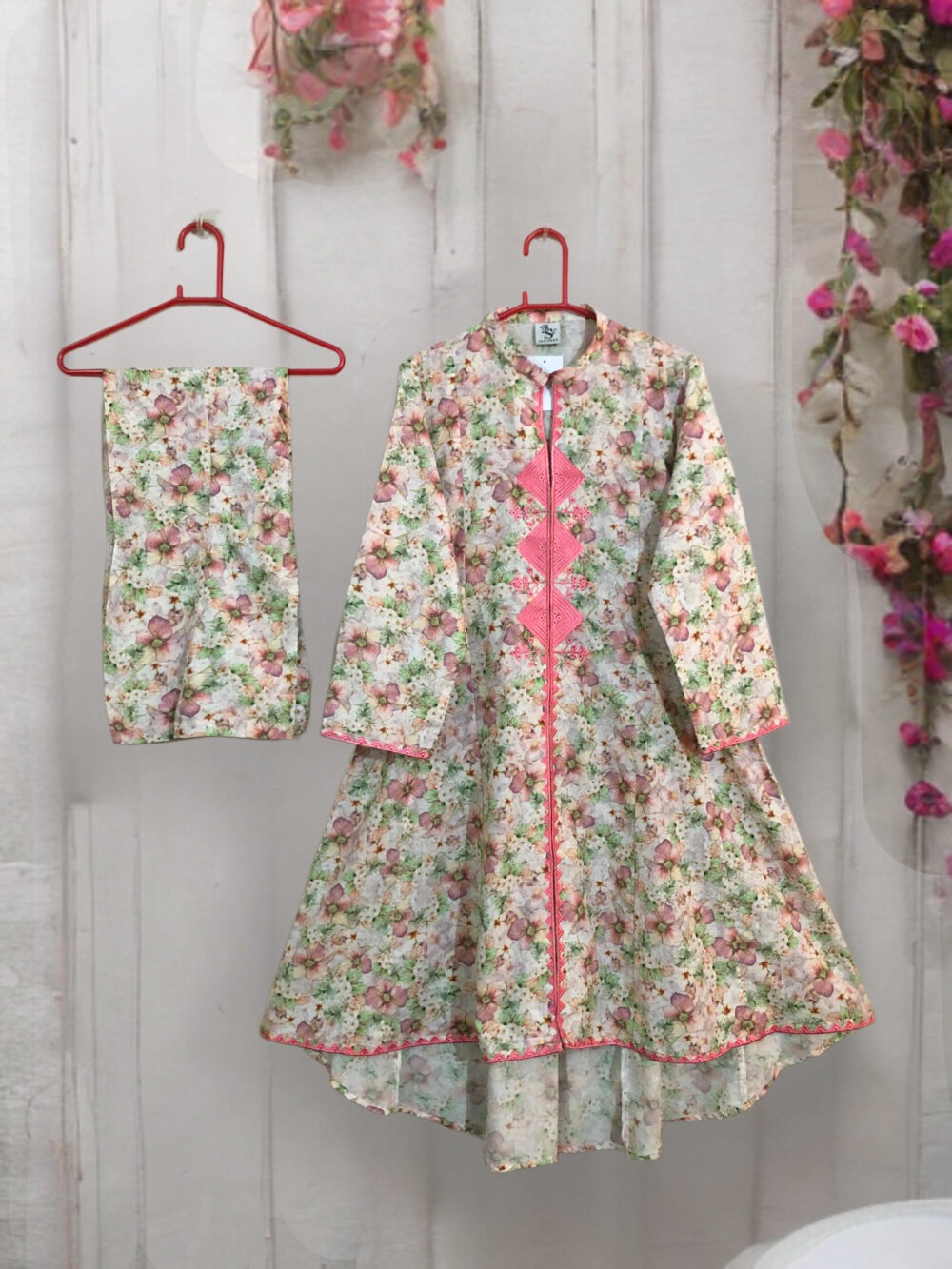 SC-0011 women’s two piece lawn embroidered panel frock with bell bottom suit - Image 2