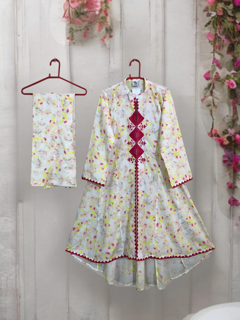 SC-0011 women’s two piece lawn embroidered panel frock with bell bottom suit - Image 6