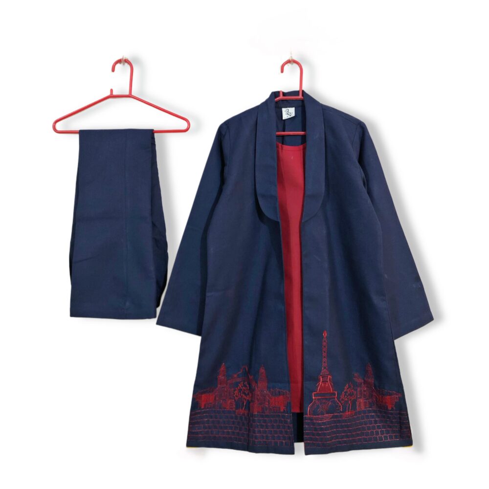 WC-0005 Women’s two piece irish cotton cross stitch embroidered coat with attached inner bell bottom suit
