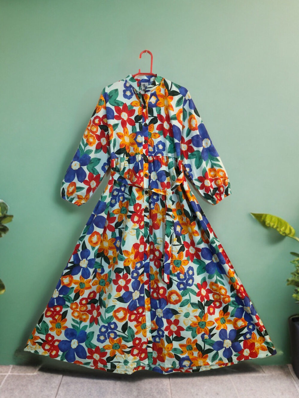 MC-0007 women’s lawn/cotton printed front open elastic back with belt maxi - Image 5
