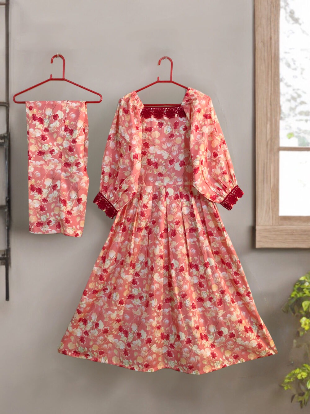SC-0006 women’s two piece lawn printed lace work elastic shoulder long frock suit - Image 6