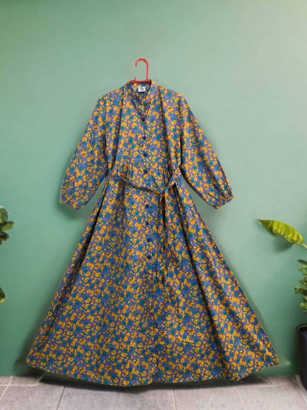 MC-0007 women’s lawn/cotton printed front open elastic back with belt maxi - Image 3