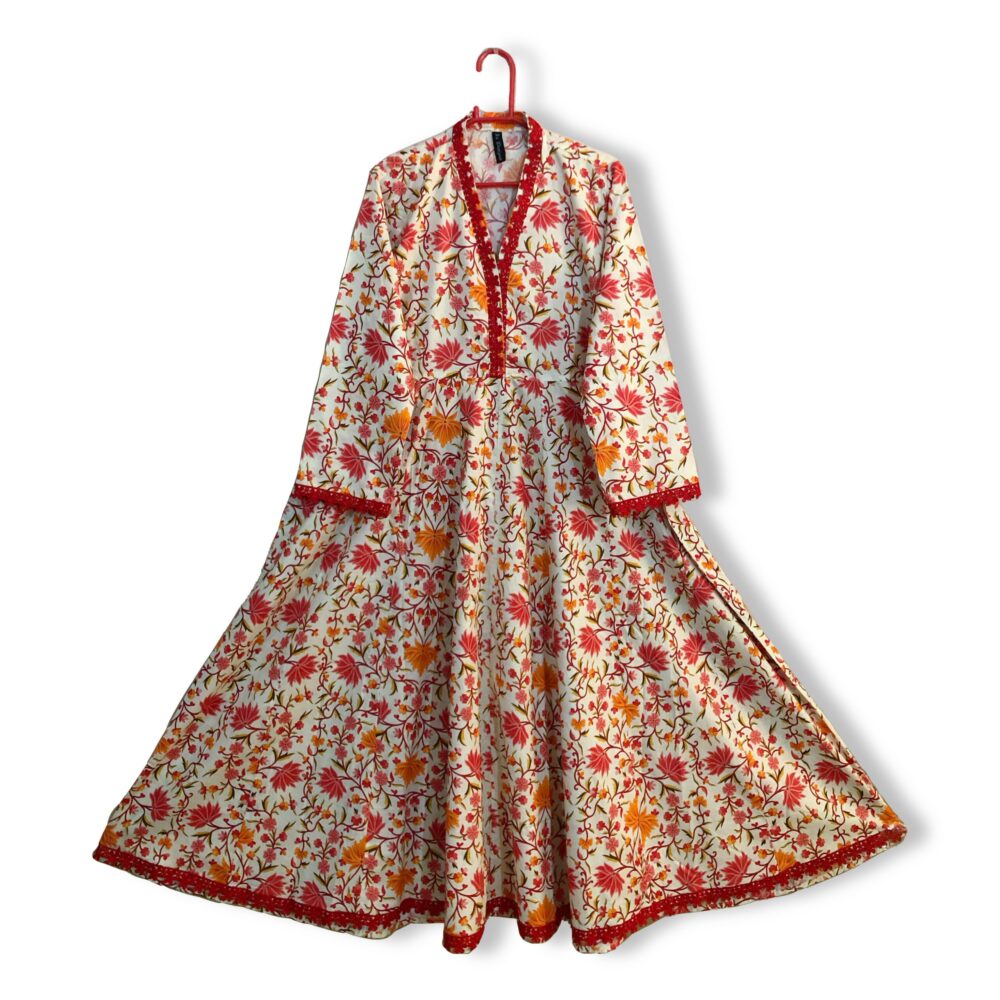 MC-0004 women’s lawn printed lace work kali long frock