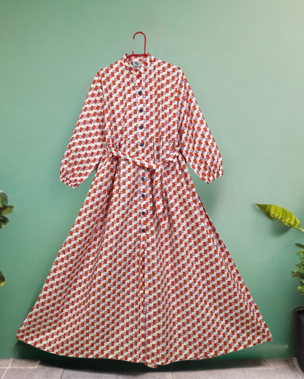 MC-0007 women’s lawn/cotton printed front open elastic back with belt maxi