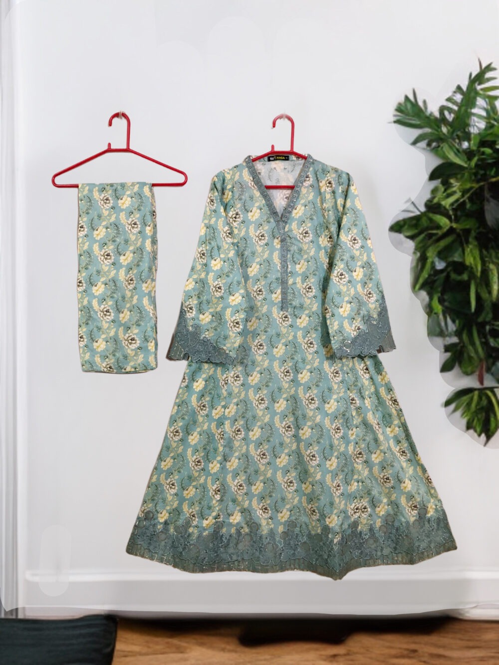 SC-0013 women’s two piece lawn sleeves and border tissue embroidered long frock suit - Image 2