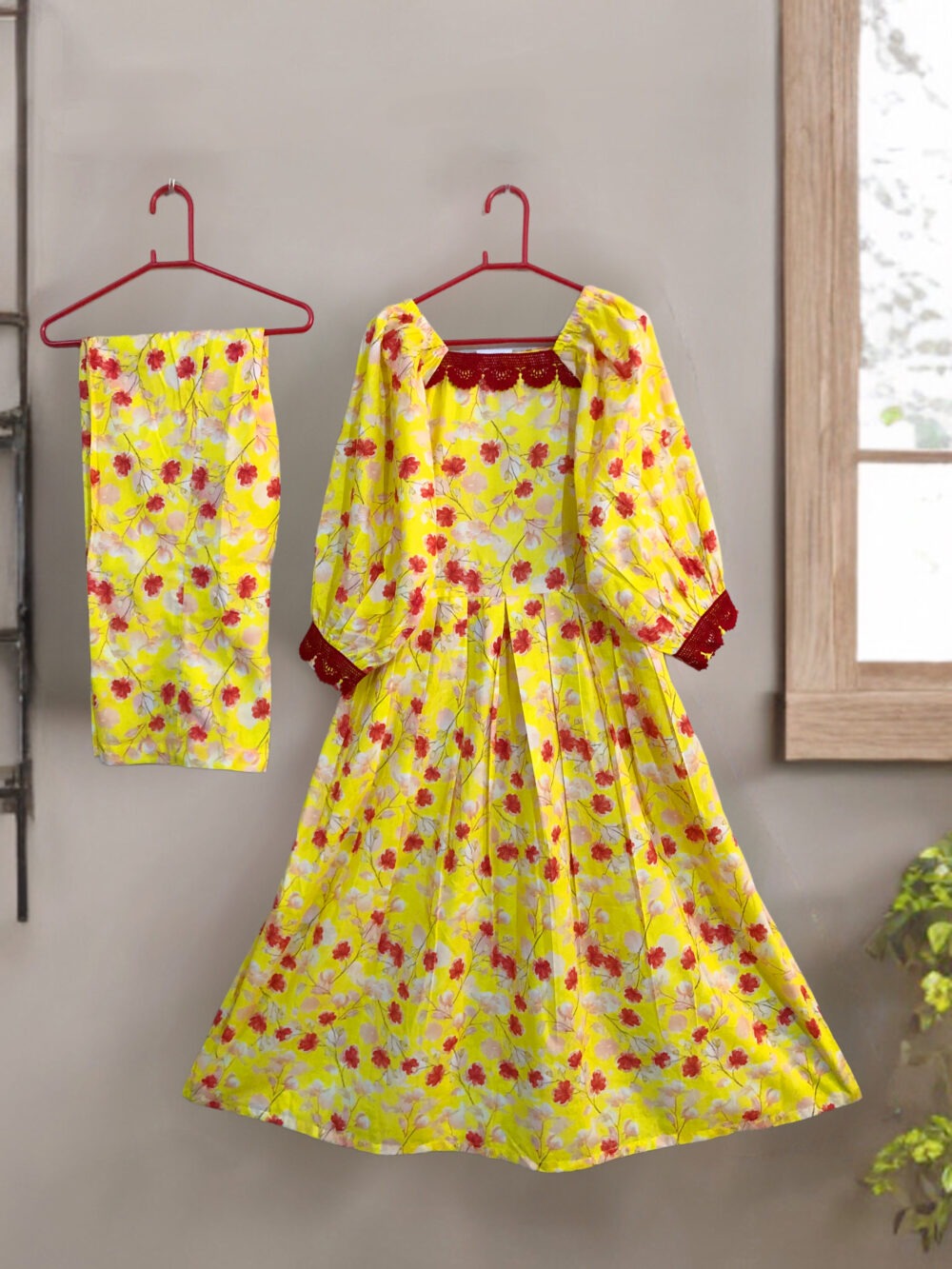 SC-0006 women’s two piece lawn printed lace work elastic shoulder long frock suit - Image 8