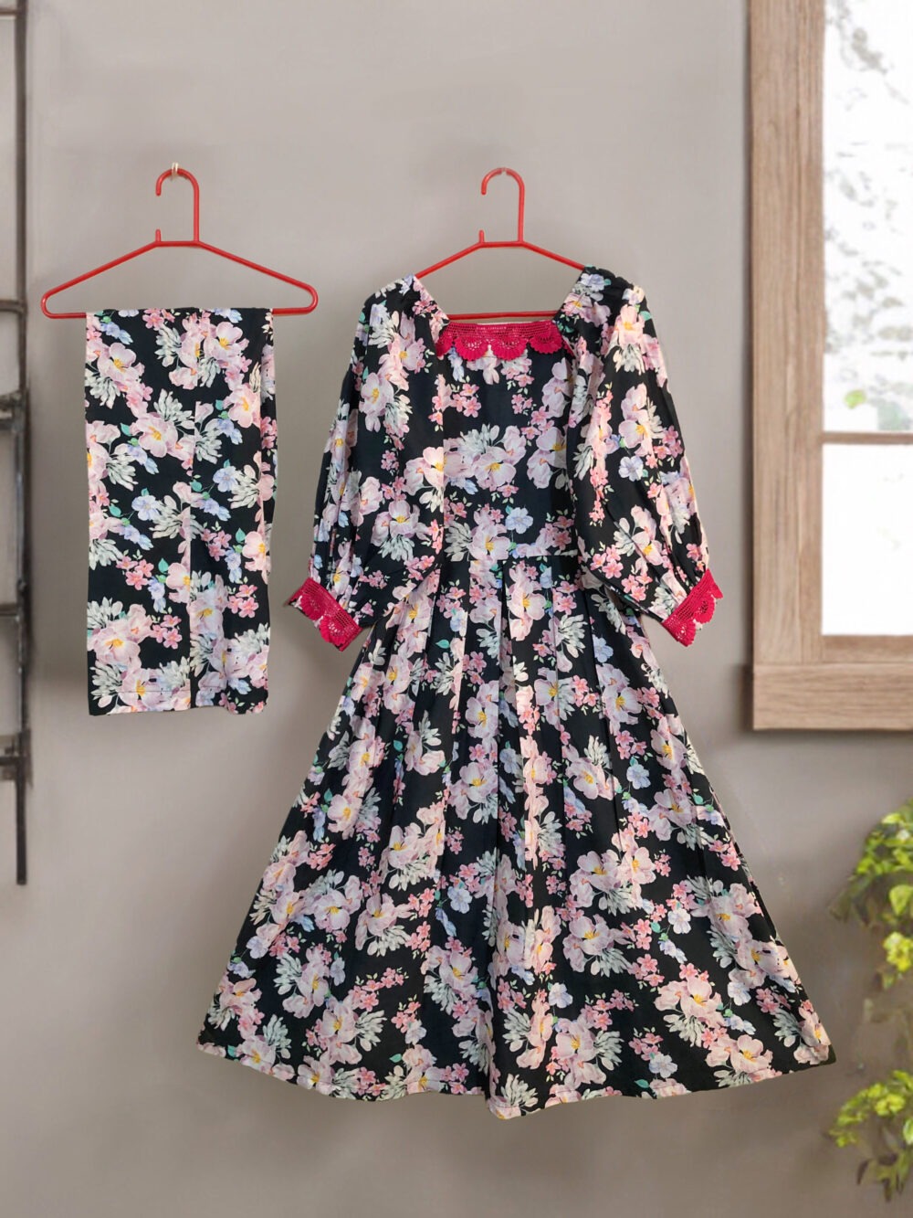 SC-0006 women’s two piece lawn printed lace work elastic shoulder long frock suit