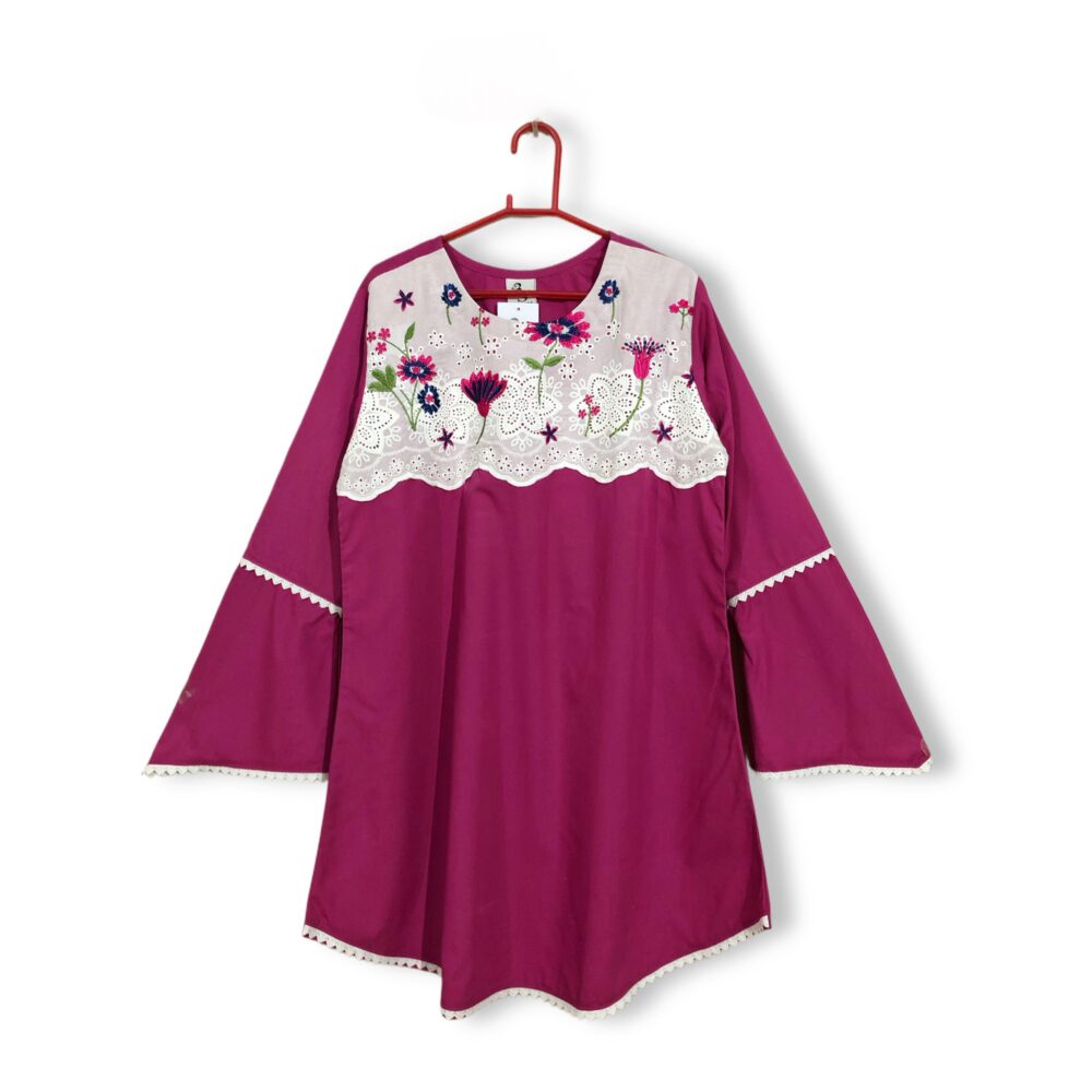 CC-0004 women’s cotton plain front chikan embroidered lace work kurti