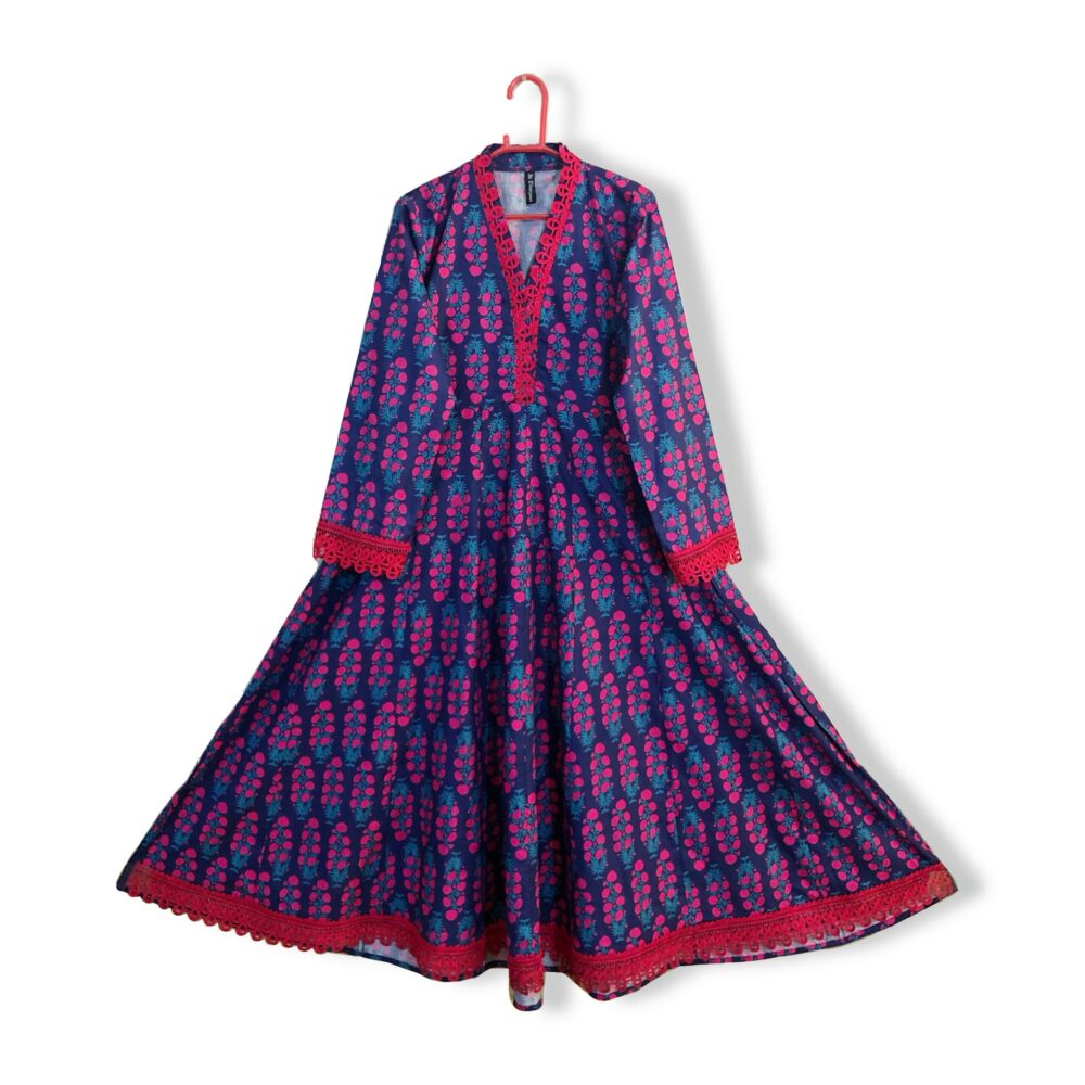 MC-0004 women’s lawn printed lace work kali long frock - Image 6