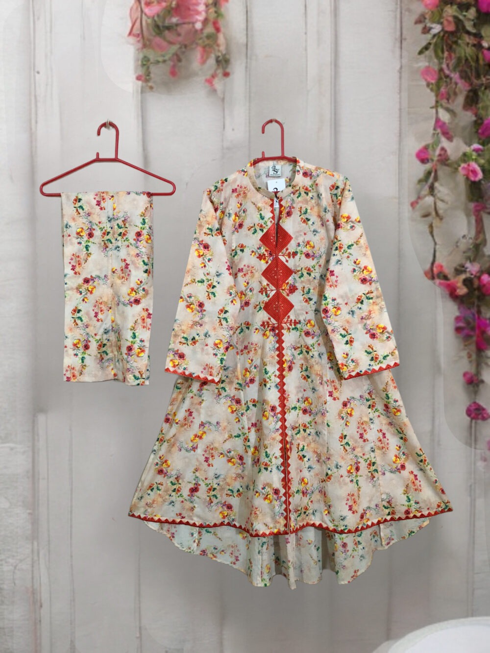 SC-0011 women’s two piece lawn embroidered panel frock with bell bottom suit - Image 4