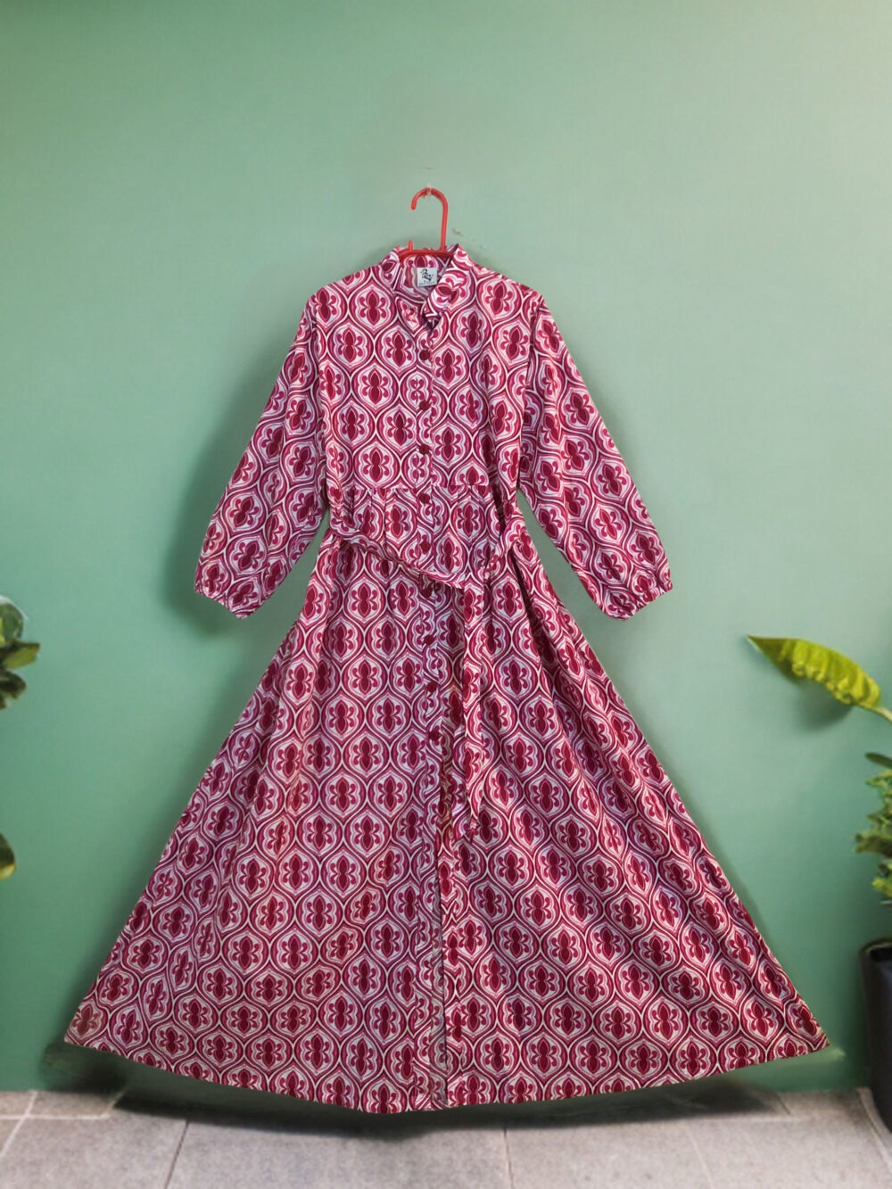 MC-0007 women’s lawn/cotton printed front open elastic back with belt maxi - Image 7