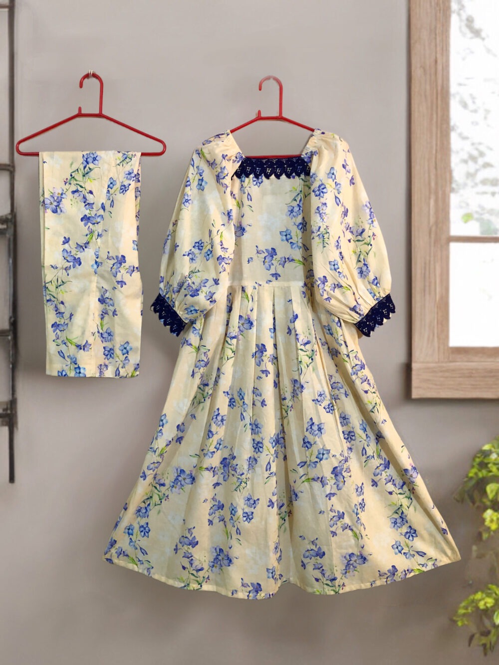 SC-0006 women’s two piece lawn printed lace work elastic shoulder long frock suit - Image 7