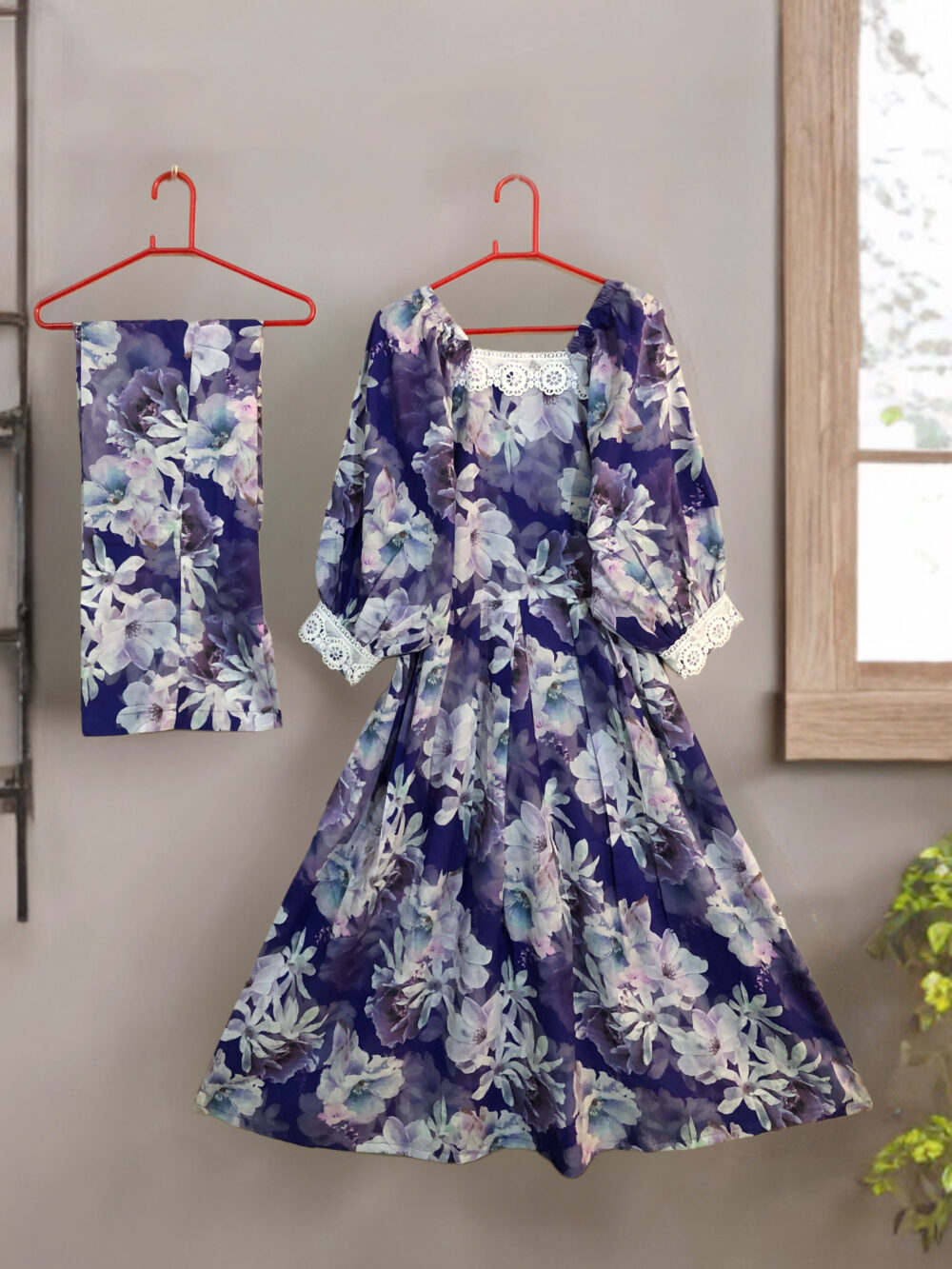 SC-0006 women’s two piece lawn printed lace work elastic shoulder long frock suit - Image 2