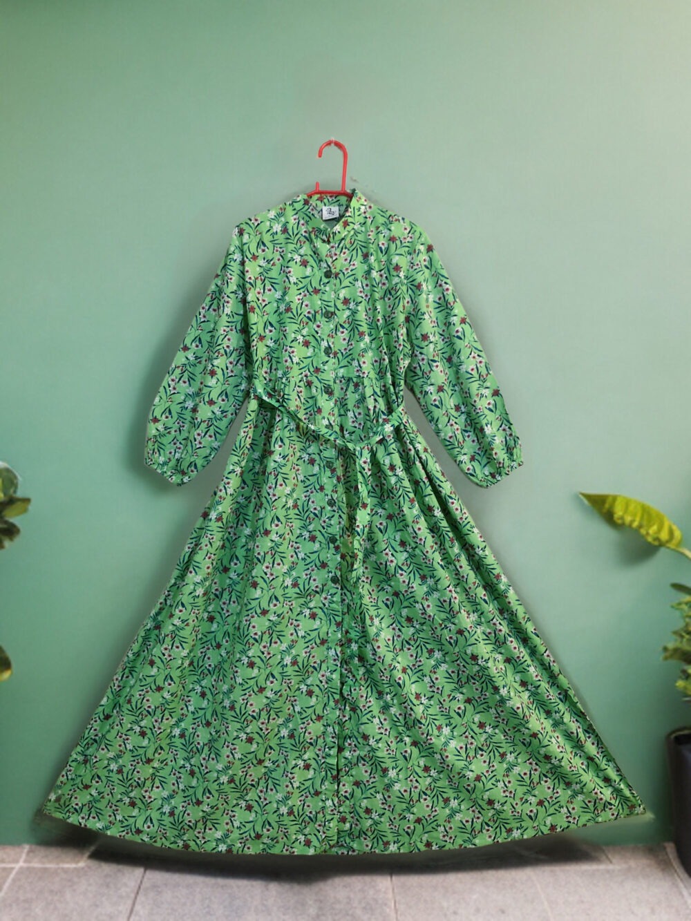 MC-0007 women’s lawn/cotton printed front open elastic back with belt maxi - Image 4