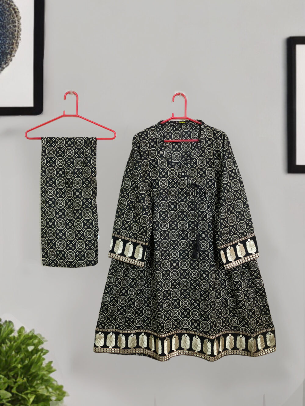 SC-0005 Women’s two piece lawn printed angarkha dori sleeves and border embroidered frock suit - Image 2