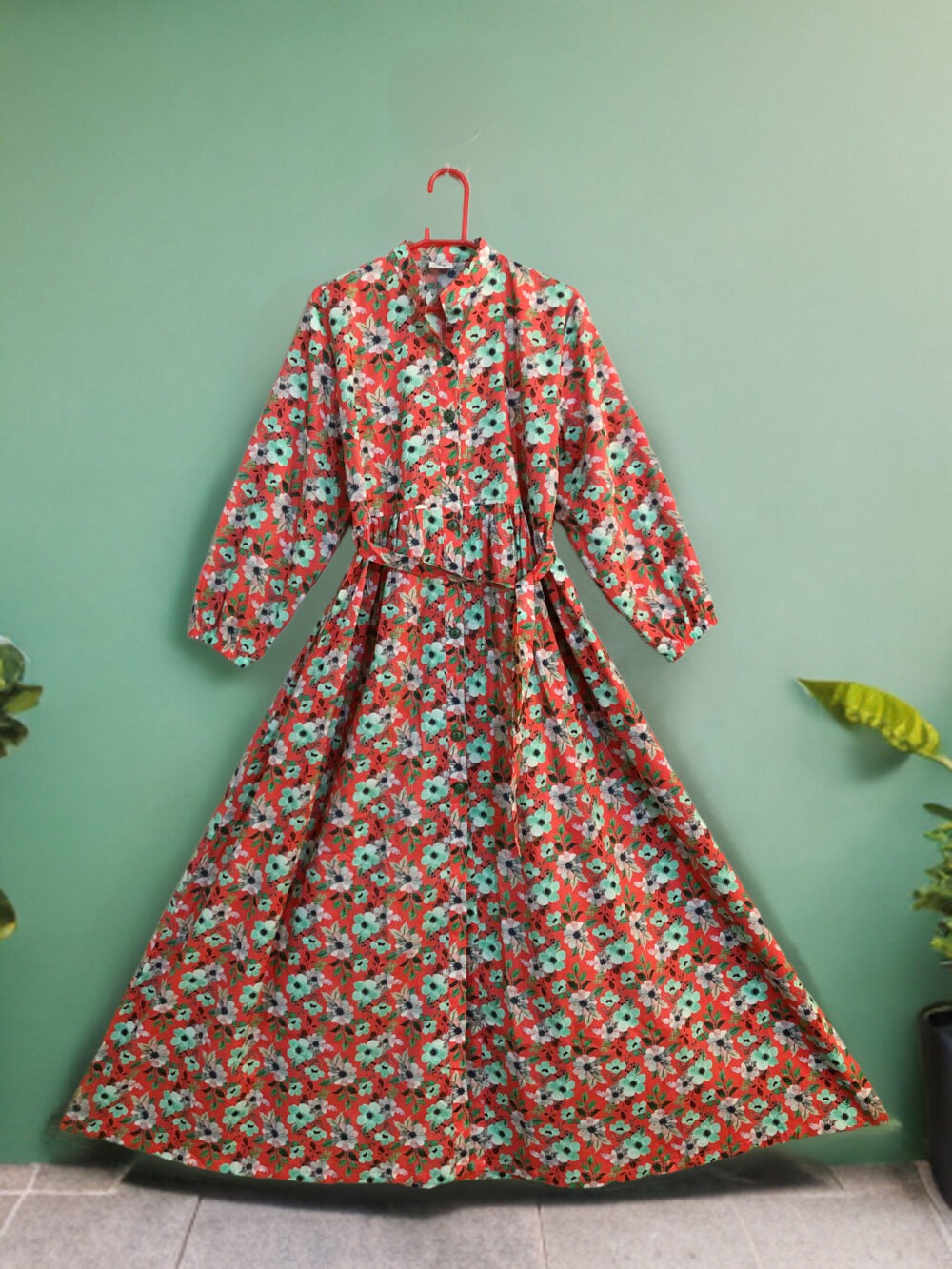 MC-0007 women’s lawn/cotton printed front open elastic back with belt maxi - Image 2