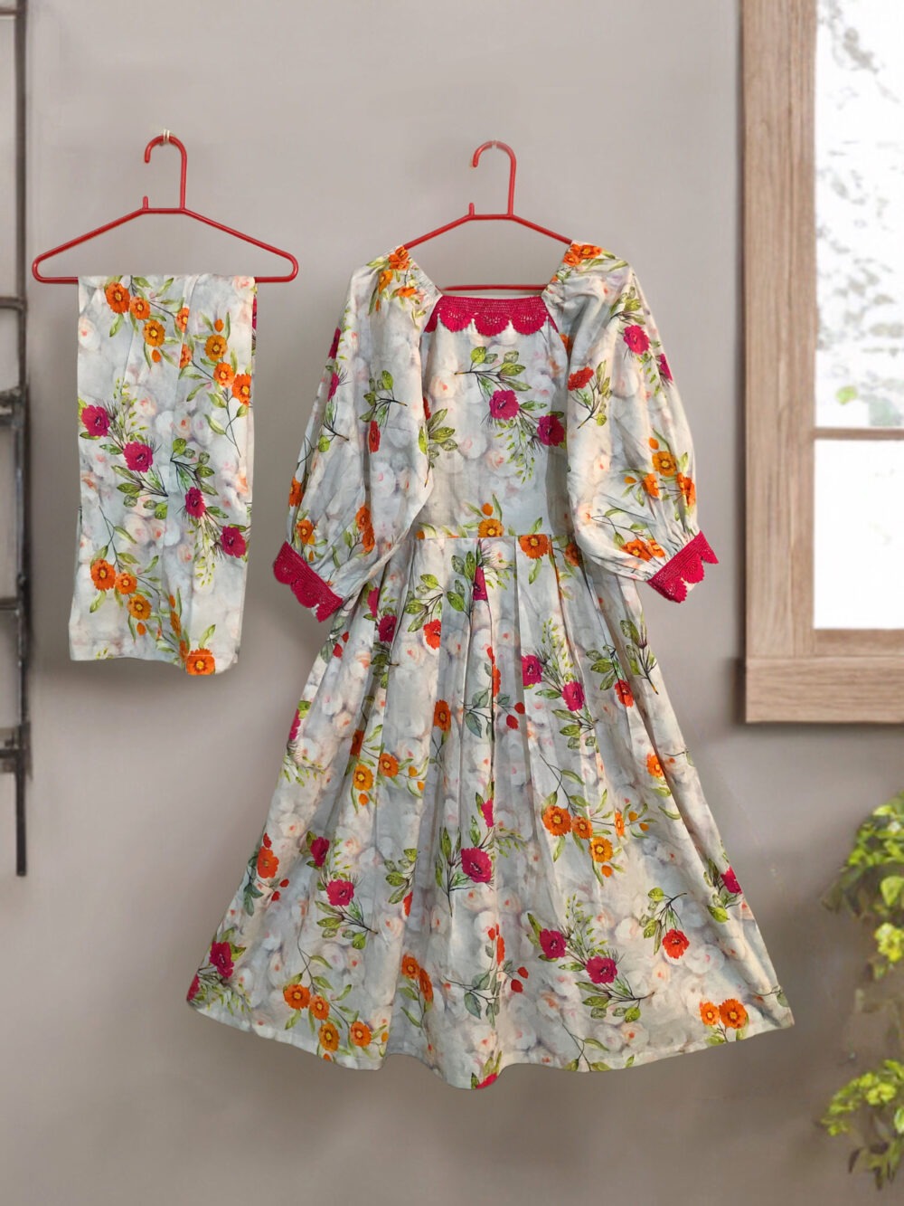 SC-0006 women’s two piece lawn printed lace work elastic shoulder long frock suit - Image 5