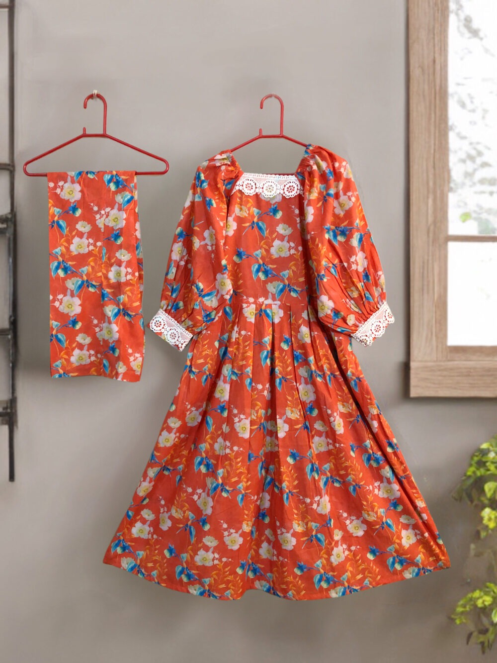 SC-0006 women’s two piece lawn printed lace work elastic shoulder long frock suit - Image 4