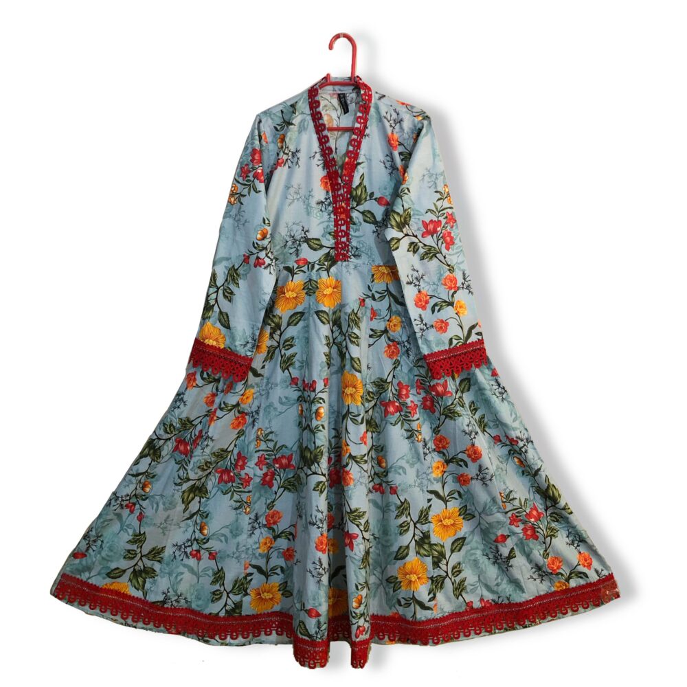 MC-0004 women’s lawn printed lace work kali long frock - Image 3