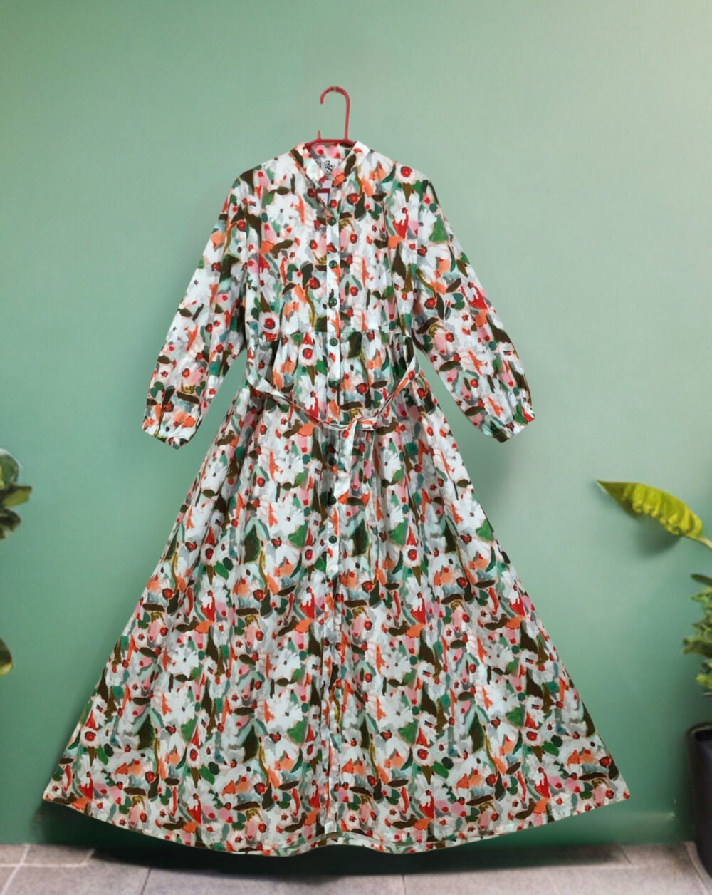 MC-0007 women’s lawn/cotton printed front open elastic back with belt maxi - Image 2