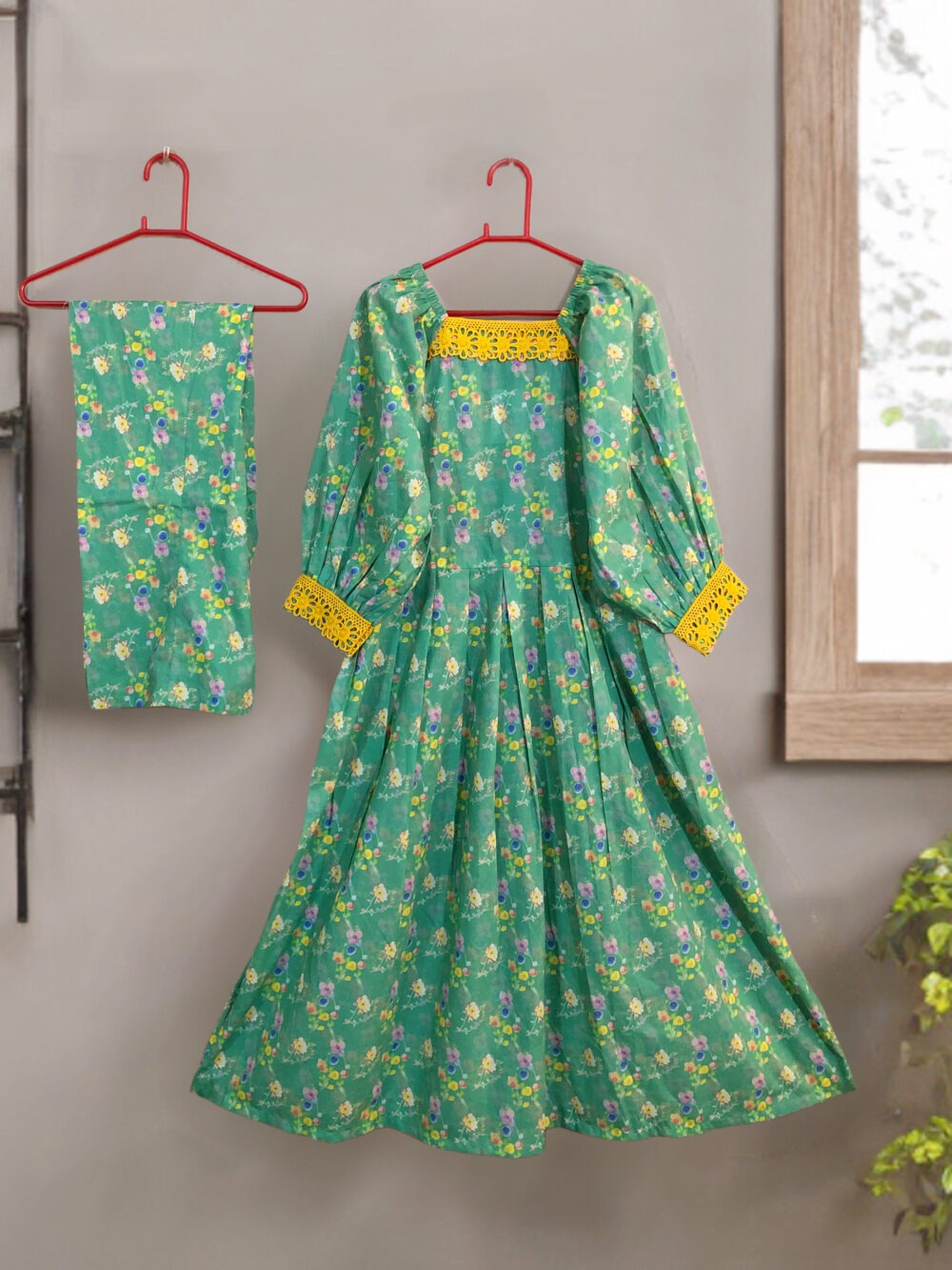 SC-0006 women’s two piece lawn printed lace work elastic shoulder long frock suit - Image 3