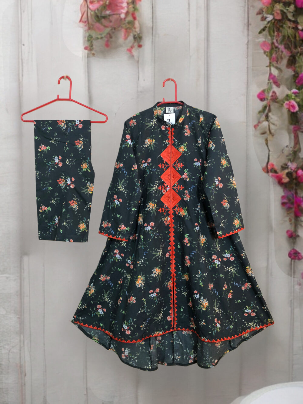 SC-0011 women’s two piece lawn embroidered panel frock with bell bottom suit